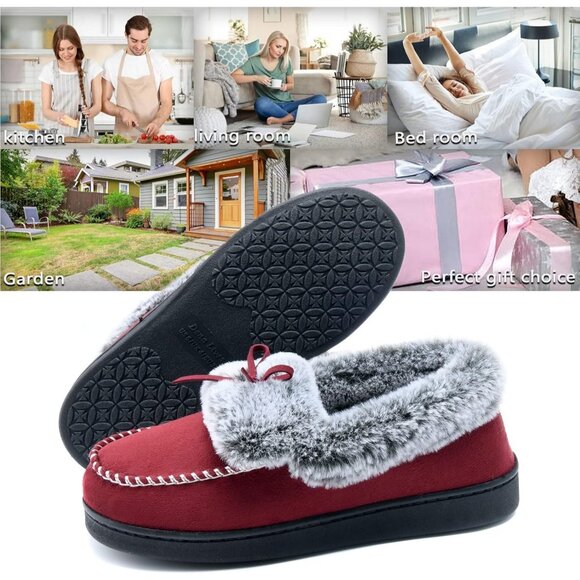 Women's Red Fuzzy Fluffy Warm Winter Soft Closed Back Fur Lined Slippers Boot - Picture 6 of 6